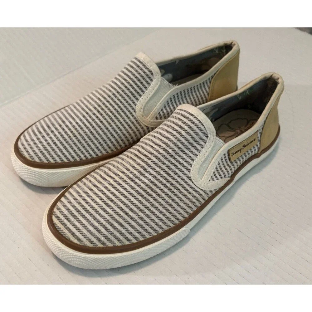Tommy Bahama Women's Sneakers Striped W/Faux Leather Accents Size 6.5